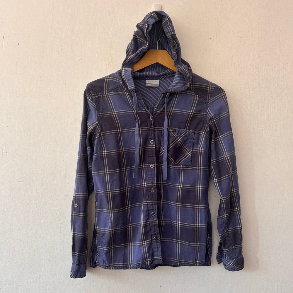 Columbia Hooded Flannel Shirt Womens Small Blue Plaid Button Up Gorpcore Granola
